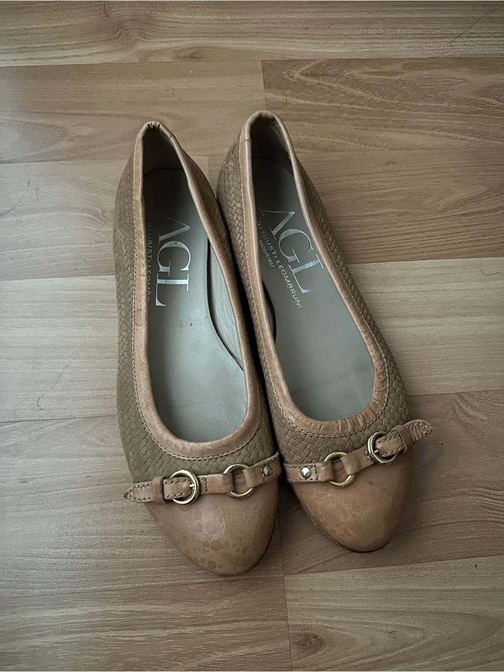 AGL Tan & Camel Leather Ballet Flats with Gold Hardware
